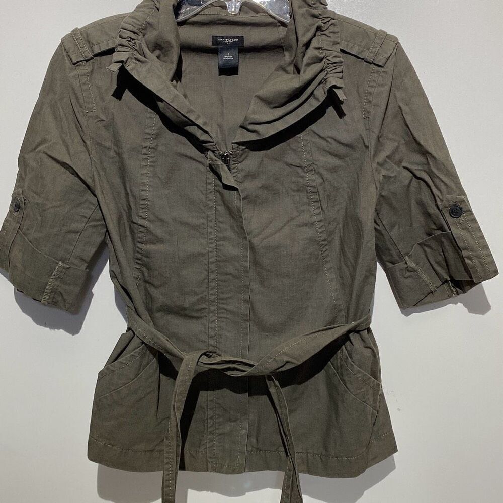 Ann Taylor Women's Green Belted Full Zipper Collared Blazer Jacket Size 0
